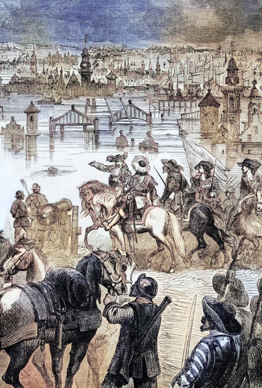 Amsterdam was flooded on the orders of the Prince of Orange. During the Franco-Dutch War of 1672. Prince William declared that the only way to prevent the French advance was to die in the last ditch while defending. By July 7. the flooding was complete. and the further advance of the French army was effectively blocked. Holland. digital reproduction of a historical original.