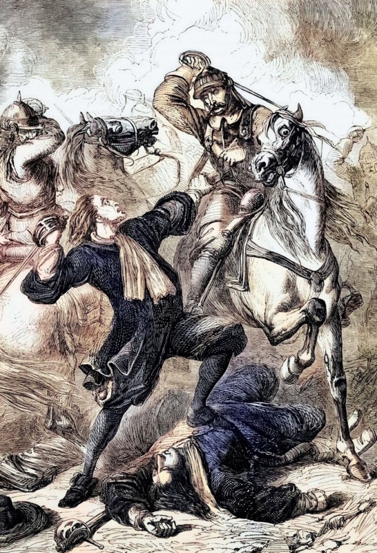 The radical Presbyterian preacher Richard Cameron (1648-1680) attempted to lead a rebellion against the king. Cameron and 60 of his followers were captured by 120 government dragoons at Airds Moss near Cumnock in Ayrshire. England. Digital reproduction of a historical original.