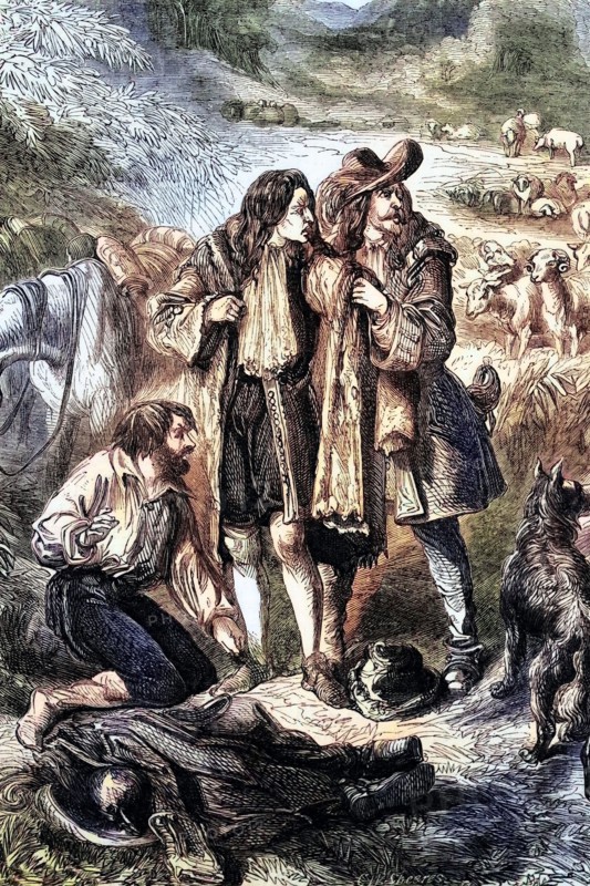 Lord Monmouth exchanges clothes with a shepherd after his defeat at the Battle of Sedgemoor near Bridgwater in Somerset on 6 July 1685. England. digital reproduction of a historical original