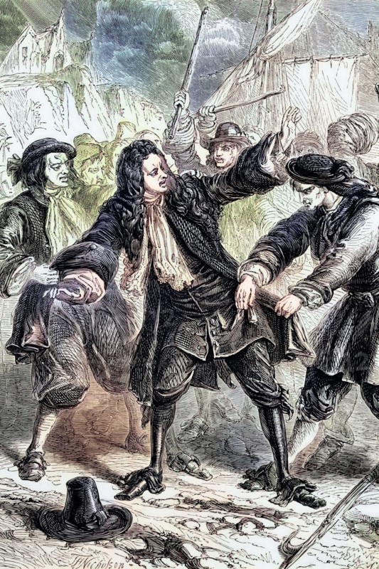 The fugitive King James II of England (October 14. 1633 – September 16. 1701) was ambushed by local fishermen on the Isle of Sheppey. They mistook a nobleman on a simple ship for a hated Jesuit priest and robbed him of his money. watch. and coronation ring. England. digital reproduction of a historical original.