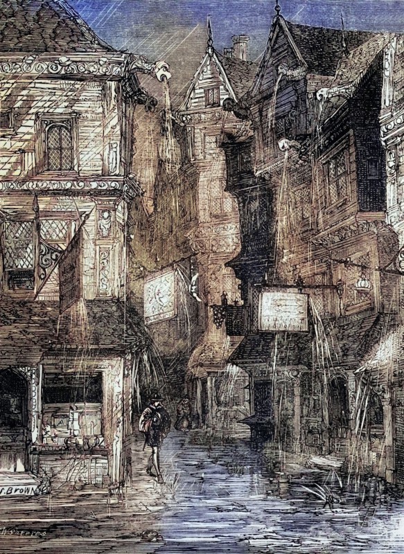 During the reign of Queen Elizabeth I. a 16th-century street during torrential rain in London. England. digital reproduction of a historical original