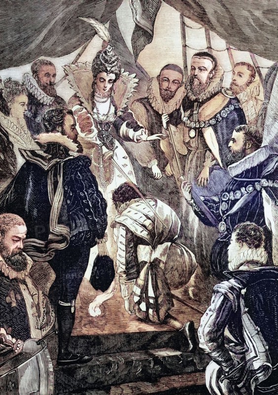 Elizabeth I of England knighted Sir Francis Drake in 1581. He was an English captain. privateer. sailor. slave trader. politician. and second-in-command of the English fleet in the battle against the Spanish Armada in 1588. England. digital reproduction of a historical original.