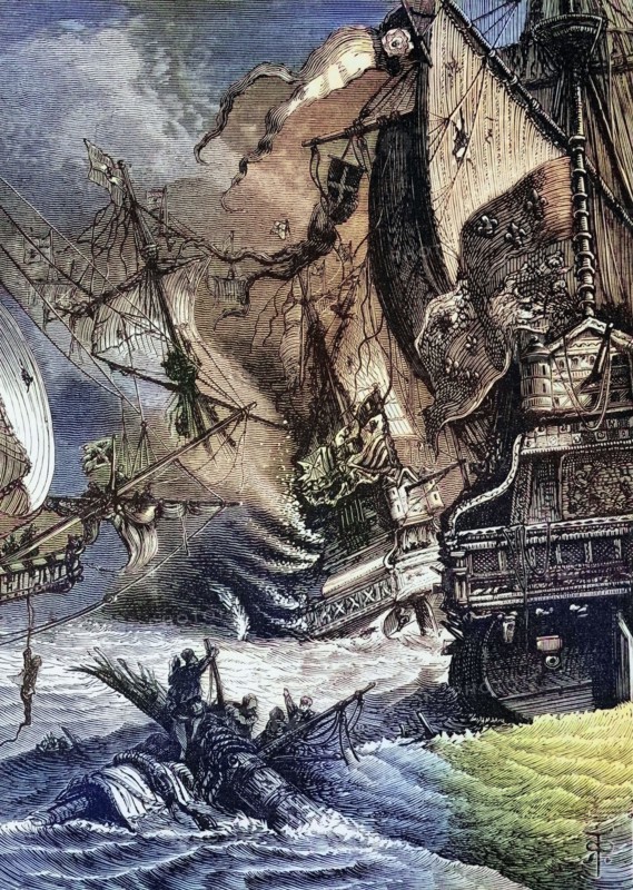 The defeat of the Spanish Armada by the Royal Navy of Queen Elizabeth I at the Battle of Gravelines in the English Channel off Flanders. Belgium. in September 1588. digital reproduction of a historical original