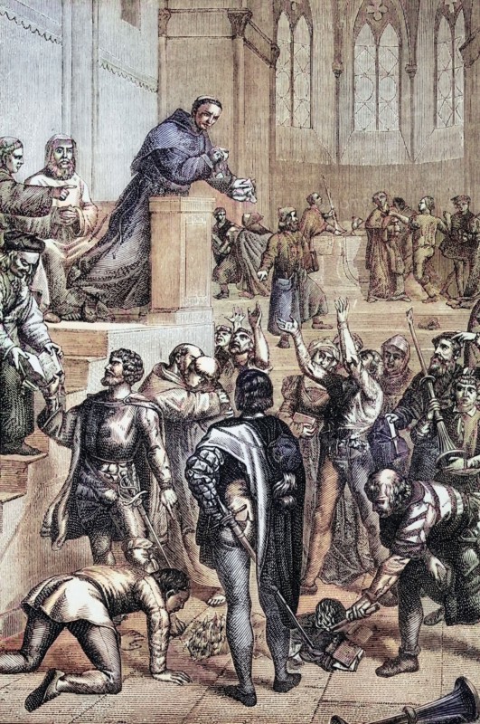 Martin Luther condemns the Roman Catholic ritual after publishing his 95 Theses in the Castle Church of Wittenberg in the state of Saxony-Anhalt in 1517. Germany. digital reproduction of a historical original