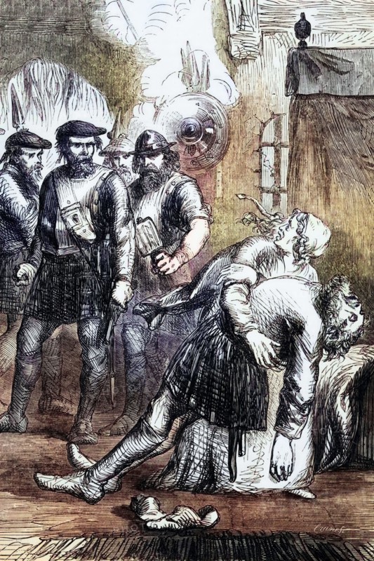 The death of Macian. the senior chieftain of the Macdonald clan. during the Glencoe Massacre in Lochaber. Highland. Scotland. It occurred on February 13. 1692. in the wake of the Glorious Revolution and the Jacobite rising of 1689 led by John Graham of Claverhouse. England. Digital reproduction of a historical original.