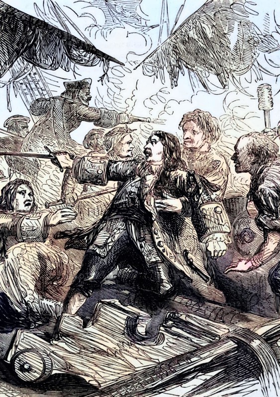 The death of Admiral Carter during the Battle of Barfleur off the coast of Lower Normandy in northwestern France on 29 May 1692. It was the decisive naval battle of the Nine Years' War. known to the British as the War of the English Succession. digital reproduction of a historical original