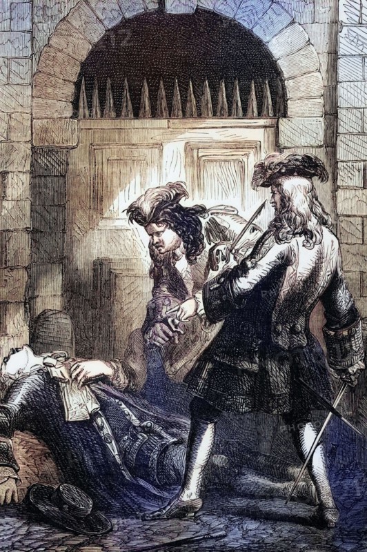Out of jealousy of a woman. Captain Richard Hill and Charles Mohun. 4th Baron Mohun. ambushed William Mountfort. an actor and playwright. in Howard Street. Strand. on December 9. 1692. During the fight. Mountfort was stabbed in the chest by Hill and died of his injuries the following day. England. digital reproduction of a historical original.
