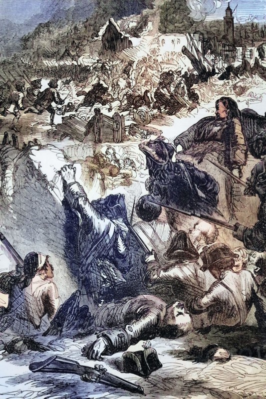 The destruction of Givet in the Ardennes department in northern France near the Belgian border in 1696. In a well-orchestrated raid. troops invaded the undefended Petit Givet and set fire to the barracks and warehouses there. France. digital reproduction of a historical original