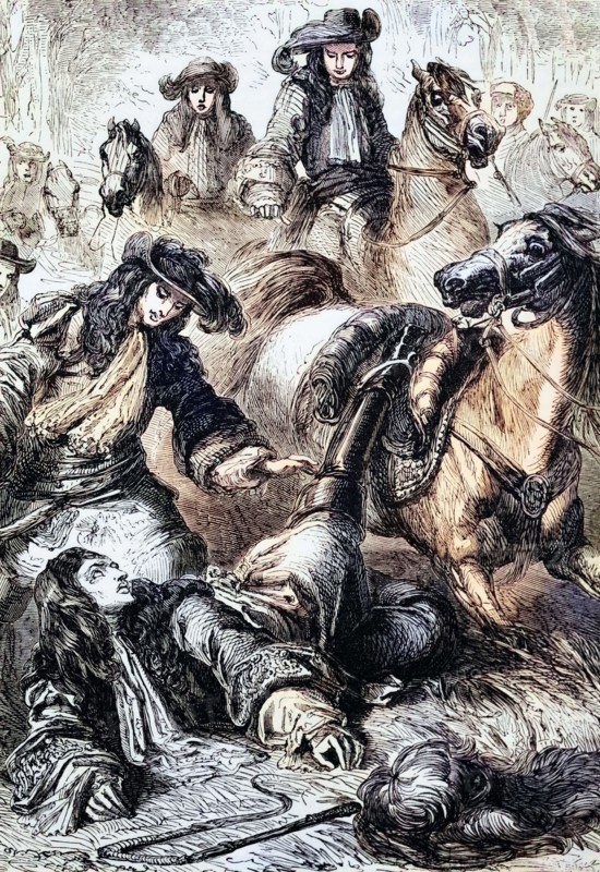 King William III was thrown from his horse in 1701 at Hampton Court. a royal palace in the London borough of Richmond upon Thames. England. digital reproduction of a historical original