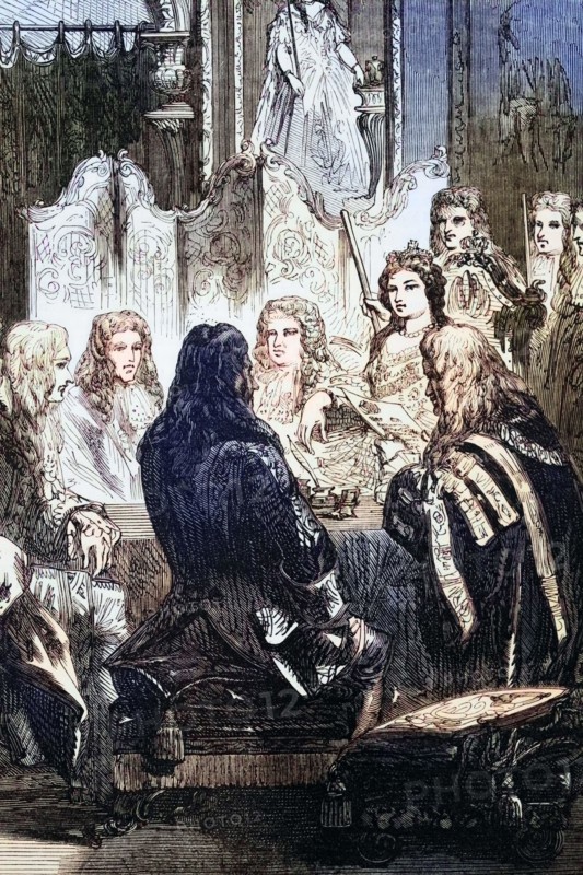 Queen Anne. who played an important role in English affairs. with members of her Privy Council. 1702. England. digital reproduction of a historical original.