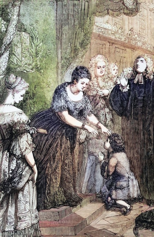 The young Samuel Johnson received the royal seal from Queen Anne at St. James's Palace on March 30. 1712. He had presumably contracted scrofula. then known as the royal disease. England. digital reproduction of a historical original.