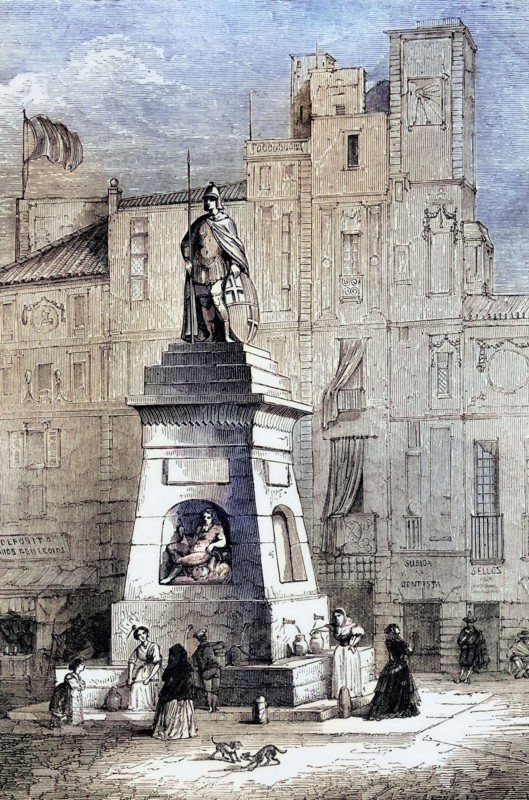 A street scene in Barcelona. Spain. around 1705 with the Old Man Fountain. digital reproduction of a historical original