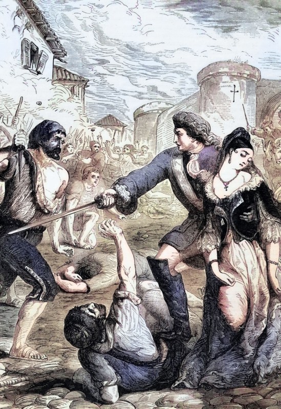 The rescue of the Duchess of Popoli. who was celebrated as one of the most beautiful women in Europe. during the Siege of Barcelona. which took place between 14 September and 19 October 1705 during the War of the Spanish Succession. England. digital reproduction of a historical original