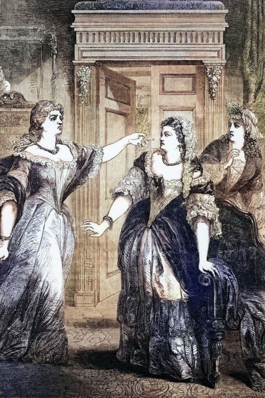 In July 1708. the Duke of Marlborough won the Battle of Oudenaarde. Before the Thanksgiving Service at St. Paul's Cathedral. Sarah Churchill. Duchess of Marlborough. got into a heated argument with Queen Anne. digital reproduction of a historical image.