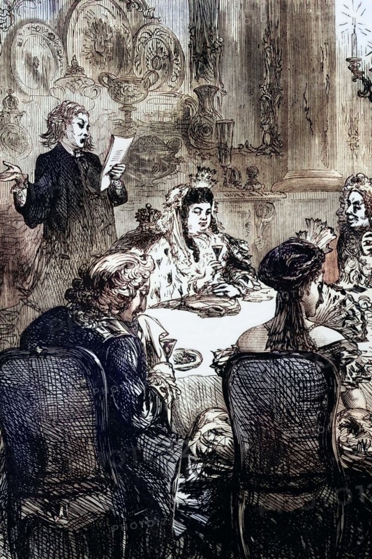 Queen Anne Stuart (6 February 1665 – 1 August 1714) was entertained by a ballad poet in 1714. shortly before her death. England. digital reproduction of a historical original
