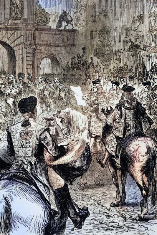 The proclamation of King George I. who was proclaimed King of Great Britain and Ireland after Queen Anne suffered a stroke and died on August 1. 1714. George was crowned on October 20 in Westminster Abbey. England. digital reproduction of a historical original
