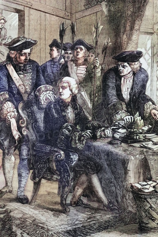 The arrest of Sir William Wyndham. Chancellor of the Exchequer. in 1715. He supported the attempts to bring about a Jacobite restoration after the death of Queen Anne. When these failed. he was dismissed from office and imprisoned. England. digital reproduction of a historical original.