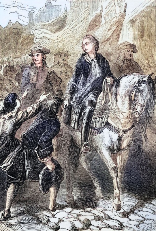 James Francis Edward. Prince of Wales. the Chevalier De St George or the Old Pretender or the Old Chevalier. the son of the deposed James II of England (James VII of Scotland) entering Dundee in 1715. England. digital reproduction of a historical original