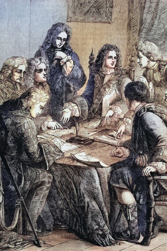 James Francis Edward. Prince of Wales. the Chevalier De St. George or the Old Pretender. the son of the deposed James II of England (James VII of Scotland) with his council after receiving no support for his accession to the throne. England. digital reproduction of a historical original