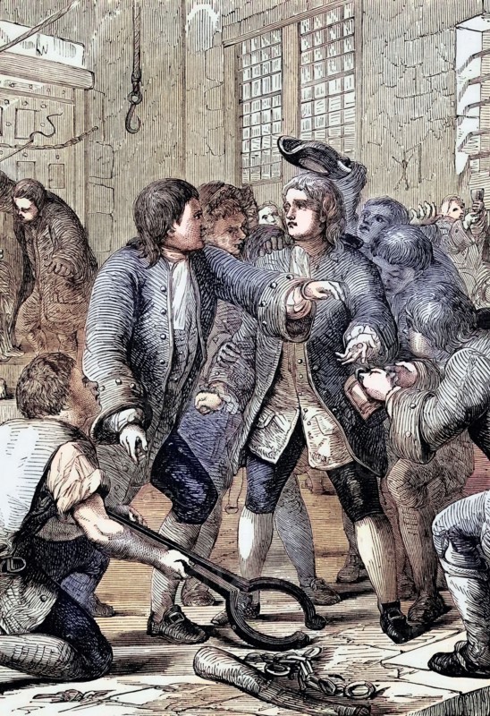 A debtor is admitted to Fleet Prison. During the reign of George II. the prison was used primarily for debtors and bankrupts. 1750. England. digital reproduction of a historical original.