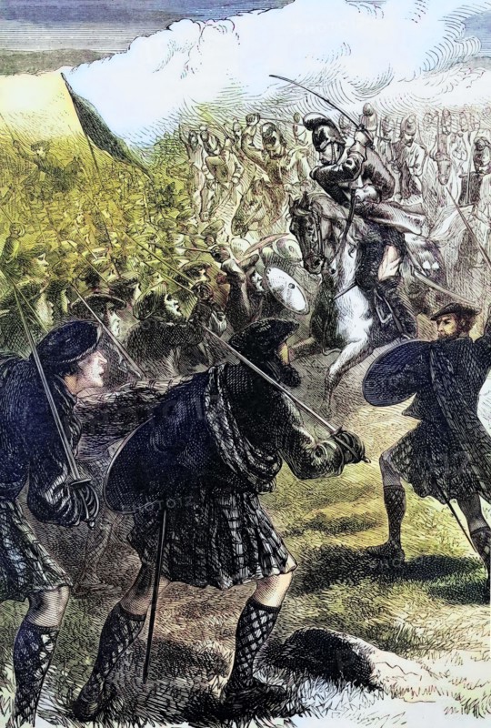 The Battle of Culloden. the final confrontation of the Jacobite rising of 1745. On April 16. 1746. the Jacobite forces of Charles Edward Stuart fought against Loyalist troops under the command of the Duke of Cumberland near Inverness in the Scottish Highlands. The Loyalist victory at Culloden definitively ended the Jacobites' plans to overthrow the House of Hanover. Scotland. digital reproduction of a historical original.