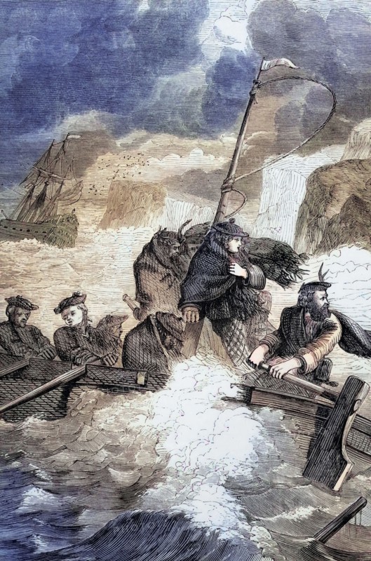 After his defeat at the Battle of Culloden. Bonnie Prince Charles escaped his pursuers on the Isle of Skye in a small boat. and finally left the country aboard a French frigate. arriving back in France in September 1746. England. digital reproduction of a historical original