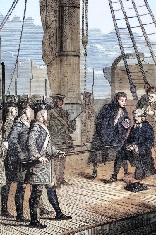 The execution of Admiral John Byng in March 1757. He was best known for the loss of Menorca in 1756 at the beginning of the Seven Years' War. England. digital reproduction of a historical original