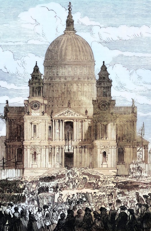 Crowds at a Thanksgiving service in St. Paul's Cathedral. London. England. Probably celebrating the defeat of King James II and the Jacobites in 1697. England. digital reproduction of a historical image