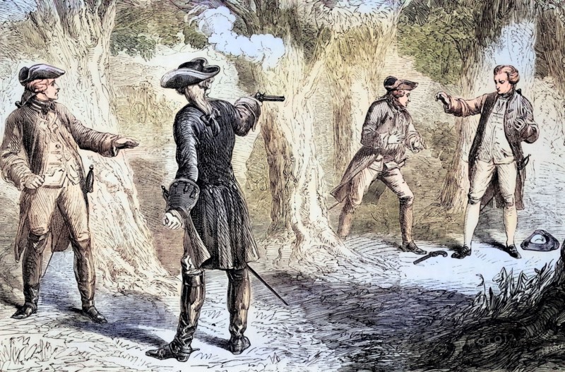 The pistol duel between politician Samuel Martin and John Wilkes. another more radical politician. took place in Hyde Park on November 16. 1763. John Wilkes was severely wounded in the stomach. eventually fled to Paris. and was declared an outlaw. England. digital reproduction of a historical original.