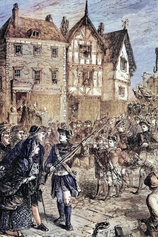 British troops march into Boston. the capital of the Province of Massachusetts Bay. in 1768 to protect and assist Crown-appointed colonial officials attempting to enforce unpopular parliamentary laws. digital reproduction of a historical original
