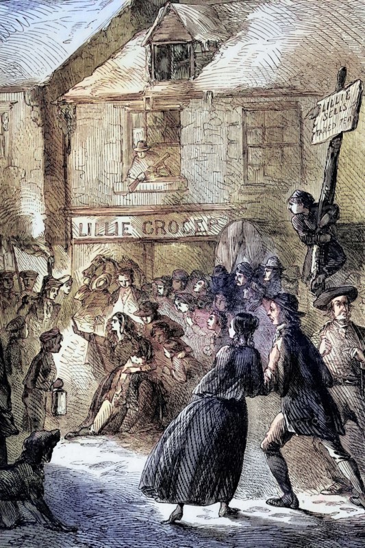 In February 1770. angry rioters surrounded the home of Ebenezer Richardson. a customs informant in Boston. North America. Ebenezer Richardson fired his gun. ultimately killing an eleven-year-old boy named Christopher Snider. digital reproduction of a historical original.