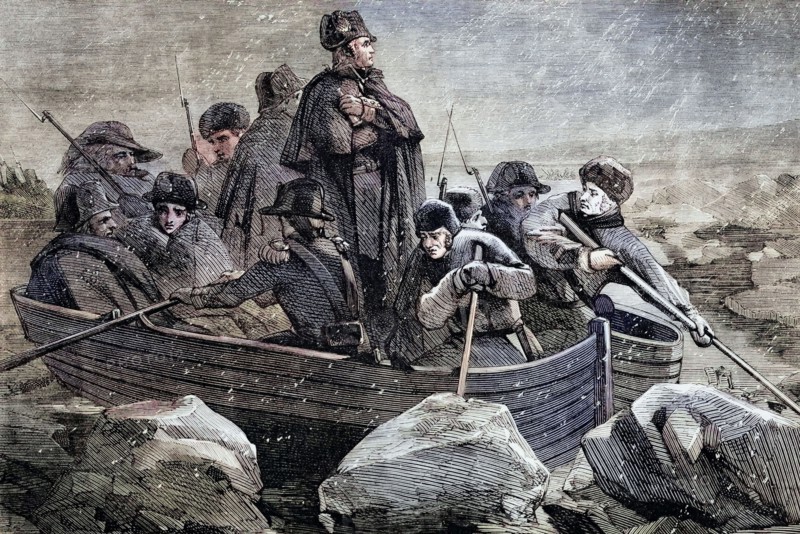 George Washington crosses the Delaware River on the night of December 25-26. 1776. during the American Revolutionary War; the first step of a surprise attack on Hessian soldiers in Trenton. New Jersey. on the morning of December 26. Digital reproduction of a historical original.