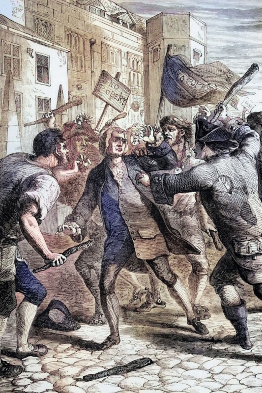 The Popery Act of 1778 abolished a number of penalties and disabilities for Catholics in England. Following this. a peaceful protest led to the Gordon Riots (named after Lord George Gordon). which resulted in widespread unrest and looting in London. Digital reproduction of a historical original.
