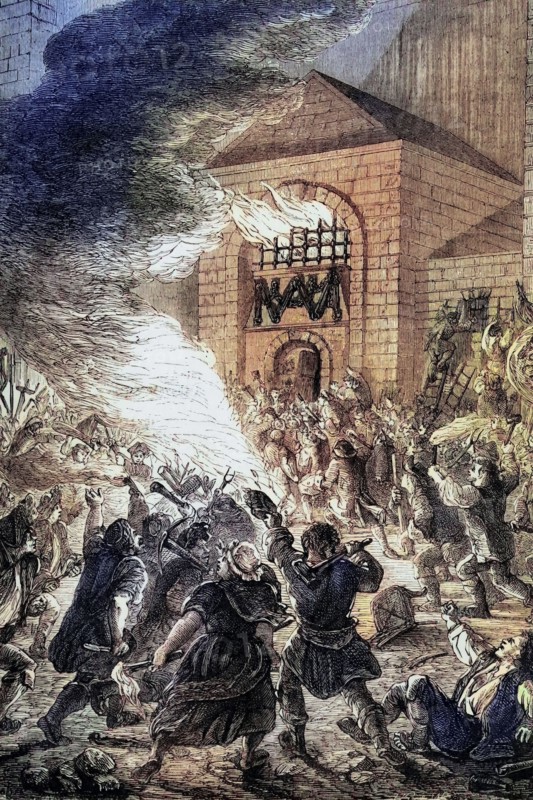 The No Popery (or Gordon) rioters attacked London's Newgate Prison in June 1780. which was largely destroyed. allowing a large number of prisoners to escape. many of whom were never recaptured. England. digital reproduction of a historical original