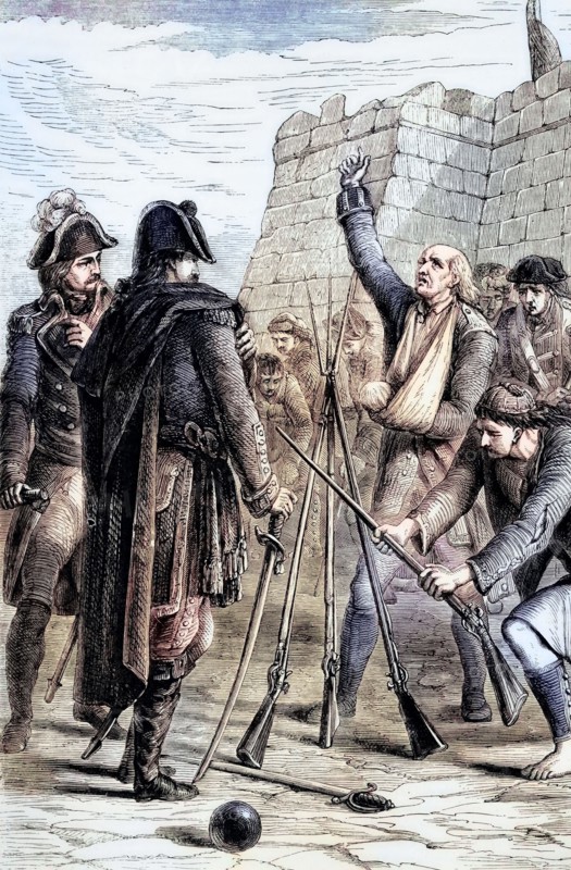 The surrender of the garrison during the Franco-Spanish conquest of Menorca from its British defenders in February 1782. after the siege of Fort St. Philip that lasted more than five months. was an important step in achieving Spain's goals in alliance with France against Great Britain during the American War of Independence. digital reproduction of a historical original