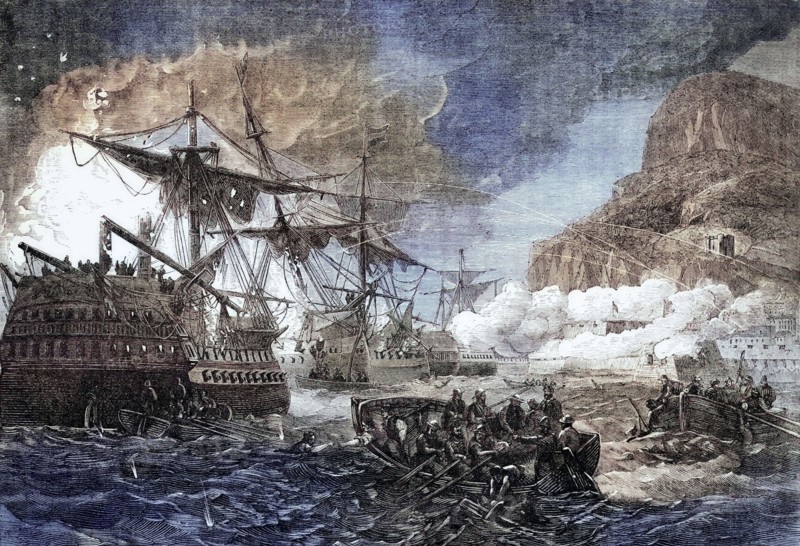 scene from the Great Siege of Gibraltar on 18 September 1782. an unsuccessful attempt by Spain and France to capture Gibraltar from the British during the American War of Independence. digital reproduction of a historical original