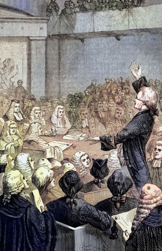 The trial of Warren Hastings. the first Governor-General of India. after his impeachment in the House of Commons for crimes and misdemeanors committed during his time in India in 1787. He was. however. acquitted in 1795. India. digital reproduction of a historical original