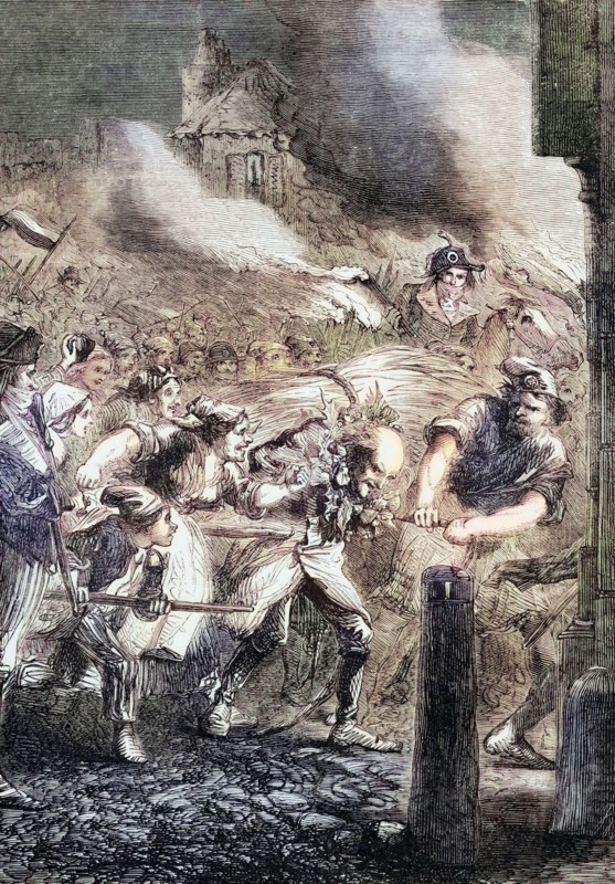 After the fall of the Bastille in 1789. Foulon de Doue. Comptroller General of Finance under Louis XV. fled to Viry-Châtillon. a few miles south of the capital. Soon after. he was captured by peasants and forced to walk barefoot with a bundle of hay on his back. The sweat from his face was wiped with nettles. Digital reproduction of a historical original.