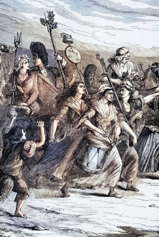 On the morning of October 5. 1789. high bread prices and bread shortages nearly led to a riot in the Parisian marketplaces. Thousands of women marched to Versailles. This riot became known as the Women's March on Versailles. France. Digital reproduction of a historical original.