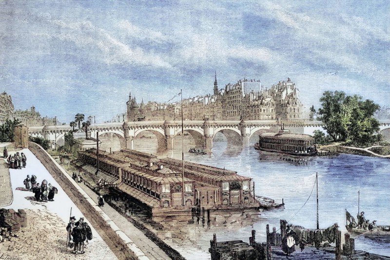 A view of the Seine and the Pont Neuf in Paris. 1840. France. digital reproduction of a historical original