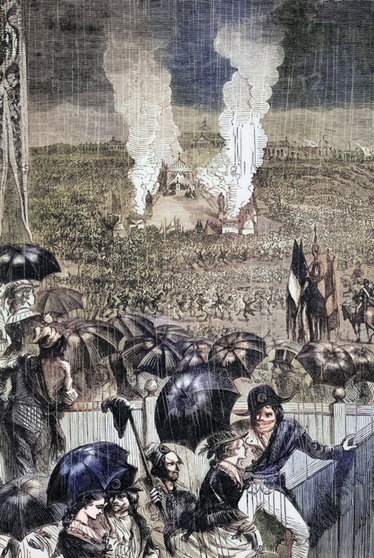 rainy day for the celebrations of the first Federation Day. now known as Bastille Day. which took place on the Champ de Mars. a park between the Eiffel Tower in the northwest and the École Militaire in the southeast; exactly one year after the storming of the prison on 14 July 1790. France. digital reproduction of a historical original