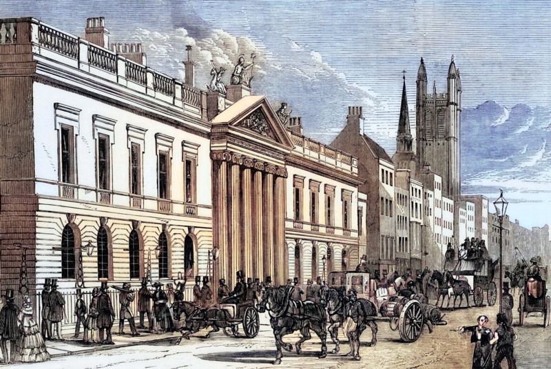 View of East India House on Leadenhall Street in the City of London. England. was the headquarters of the British East India Company. digital reproduction of a historical original