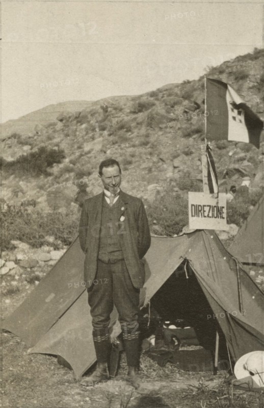 Luigi Vittorio Bertarelli in front of his tent. 1910-1920