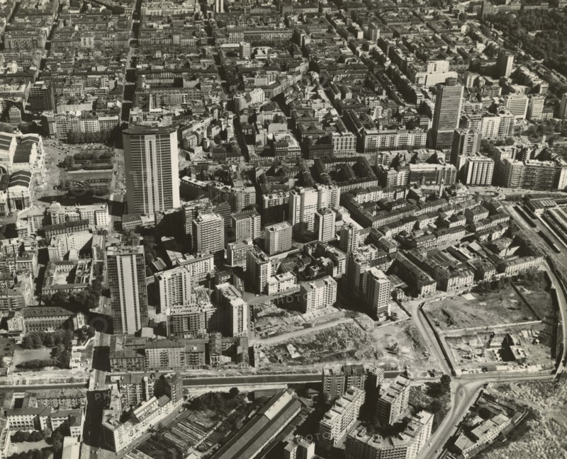 Aerial view of the Business Center in Piazza della Repubblica in Milan.. 1962