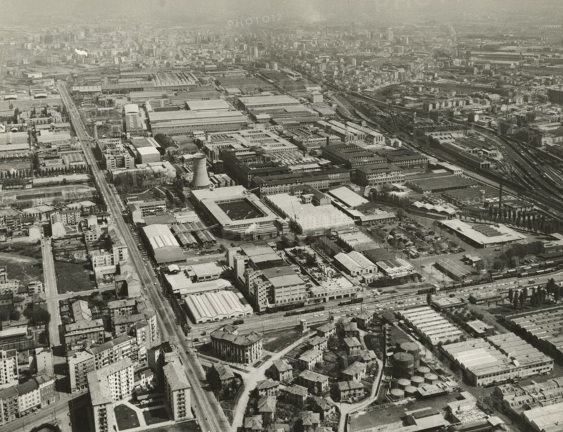 Aerial view of the Pirelli factories in the Bicocca area of Milan.. ca. 1960