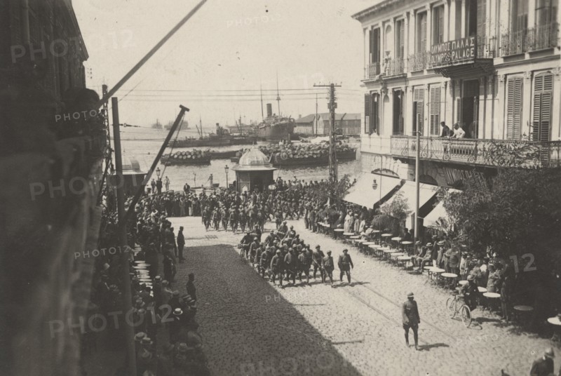 The 64th Infantry Regiment parades through the streets of Thessaloniki.