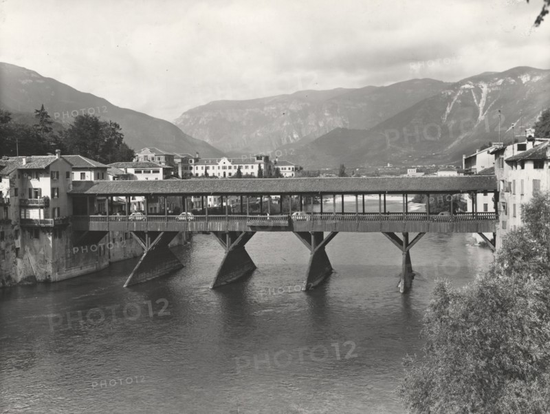 View of Bassano del Grappa with the bridge over the Brenta River.