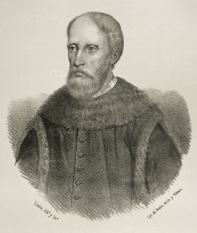 Luis de la Cueva y Toledo (c. 1499-1541). Spanish nobleman and military. He took part in the Battle of Villalar (1521) against the Comuneros, in the wars in Hungary and the siege of Vienna (1529) against the Ottomans. Portrait. Drawing by Llanta. Lithography. ""Cronica General de Espana, Historia Ilustrada y Descriptiva de sus Provincias. Andalucia"", 1869.