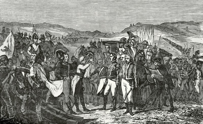 Peninsular War. Battle of Bailen. First victory of the Spanish army led by General Castanos (19 July 1808). ""The Surrender of Bailen"". The Generals Francisco Javier Castanos (1756-1851) and Pierre Antoine Dupont (1765-1838). Engraving after the painting by Jose Casado del Alisal. Cronica General de Espana, Historia Ilustrada y Descriptiva de sus Provincias (General Chronicle of Spain, Illustrated and Descriptive History of its Provinces), Andalucia, 1869.