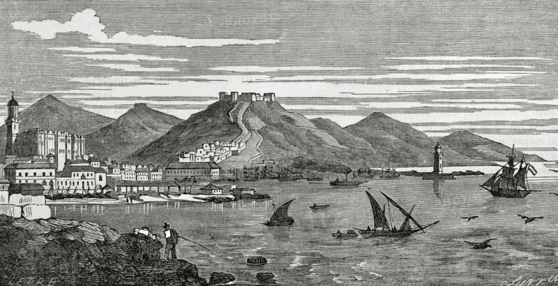 Malaga, Andalusia, Spain. Panoramic view of the city from El Espigon. Drawing by Letre. Engraving by Sierra. Cronica General de Espana, Historia Ilustrada y Descriptiva de sus Provincias (General Chronicle of Spain, Illustrated and Descriptive History of its Provinces), Andalucia, 1869.